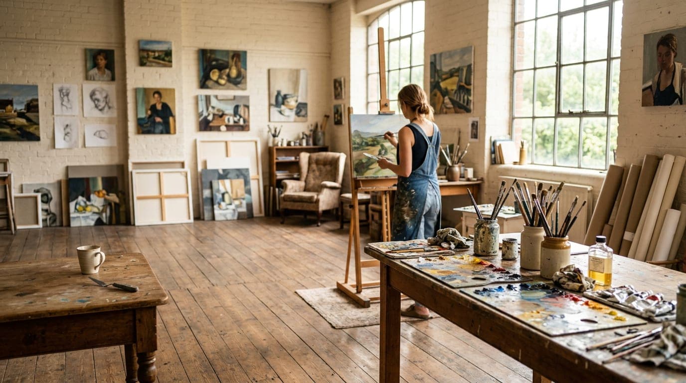 A sunlit art studio with easels, paint-covered tables, and colorful canvases on the walls.