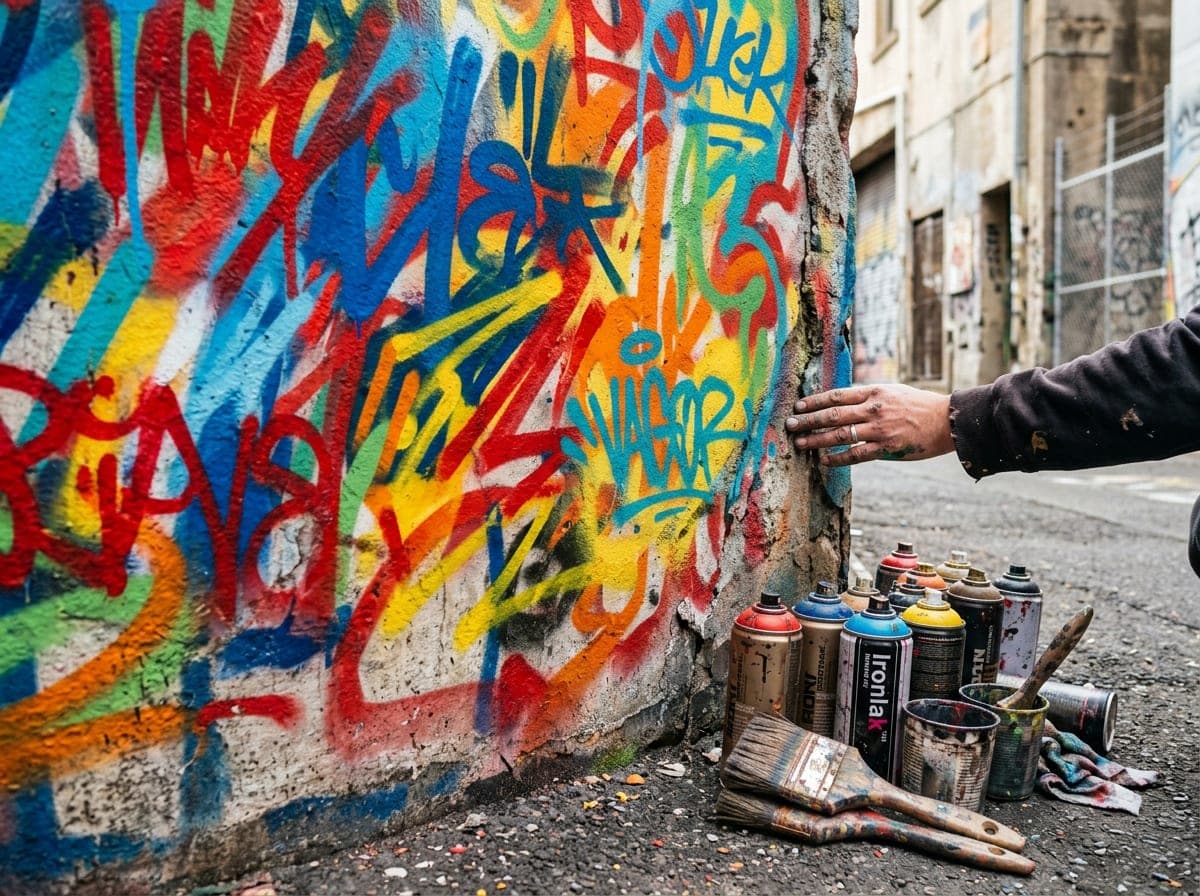 Colorful graffiti-style mural on a wall with paint cans and brushes arranged nearby.