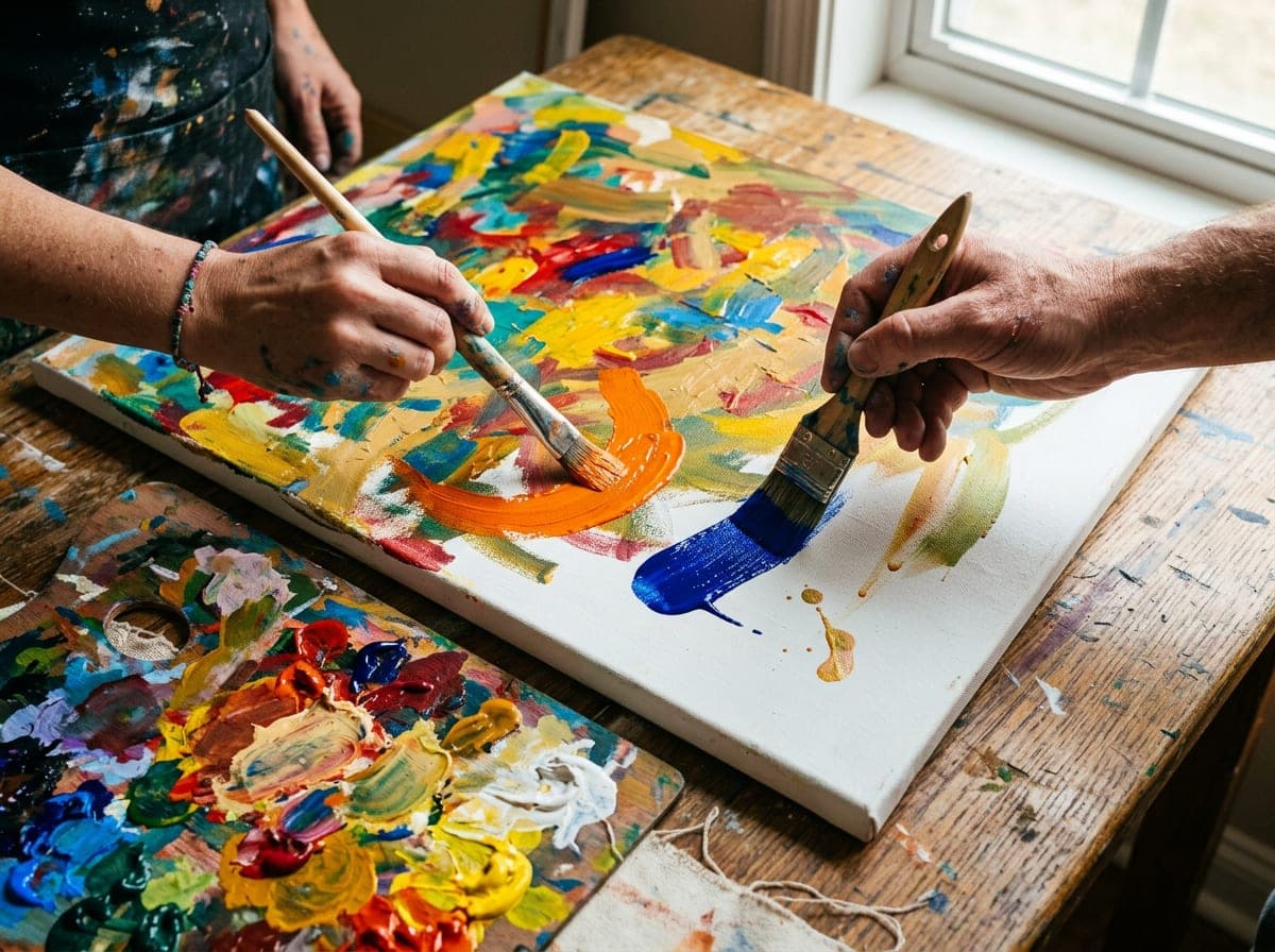 Hands holding brushes painting vibrant strokes on a canvas with acrylic paints.